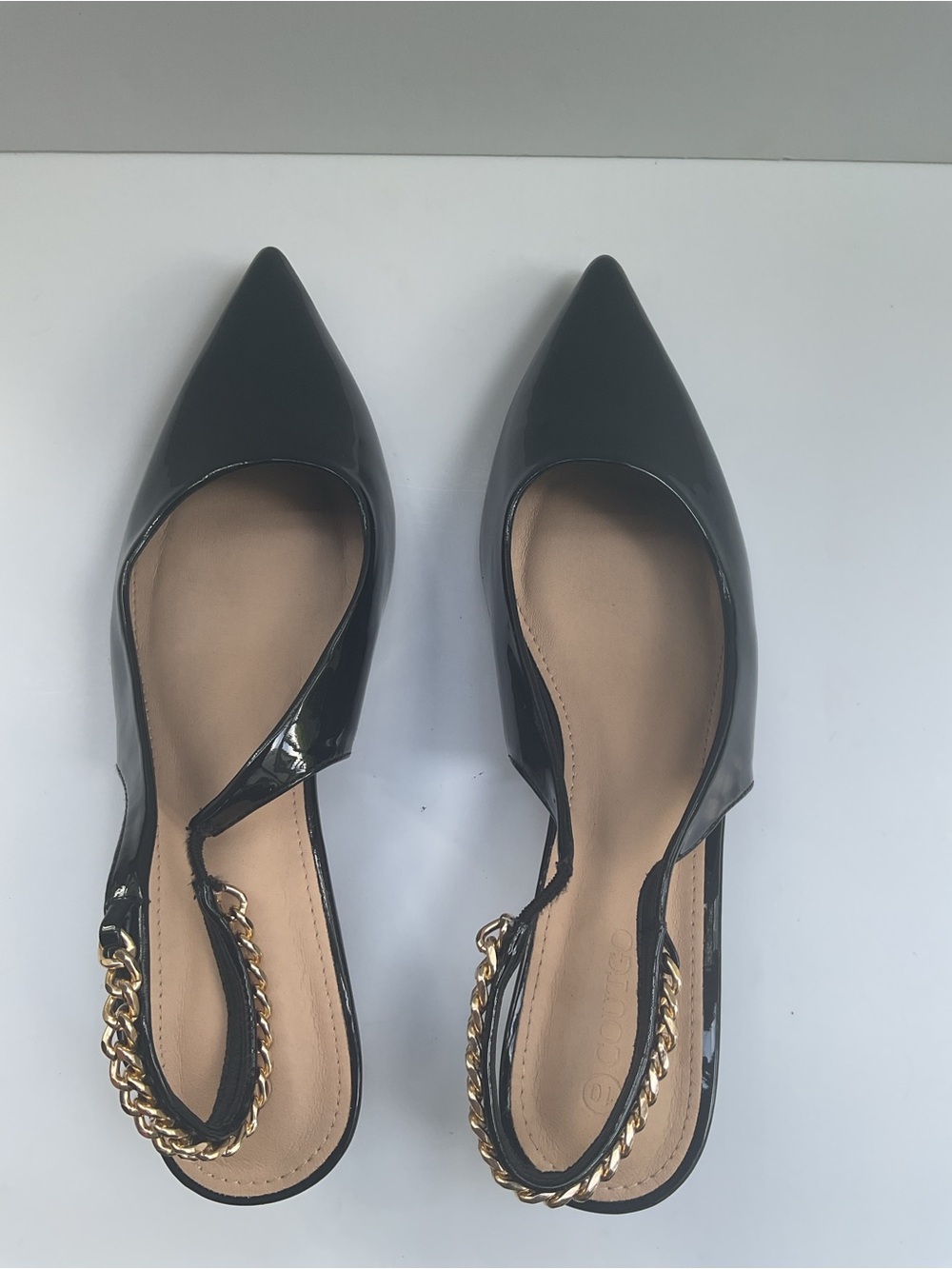 COUTGO Women Size 10 Black Patent Slingback Kitten Heels Gold Chain Pointed Toe - Picture 6 of 10